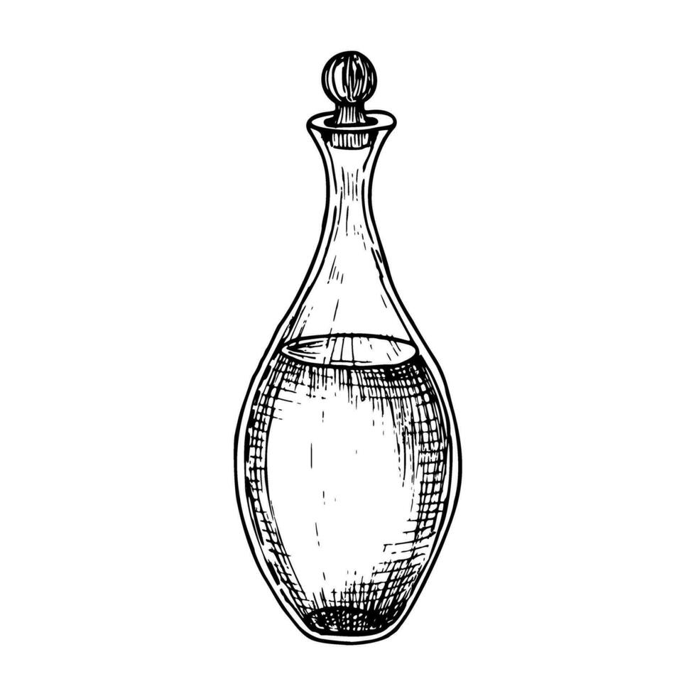 Glass Decanter. Hand drawn vector illustration of transparent Carafe on isolated background for essential or olive Oil. Drawing of bottle or flacon in black and white colors. Line art sketch