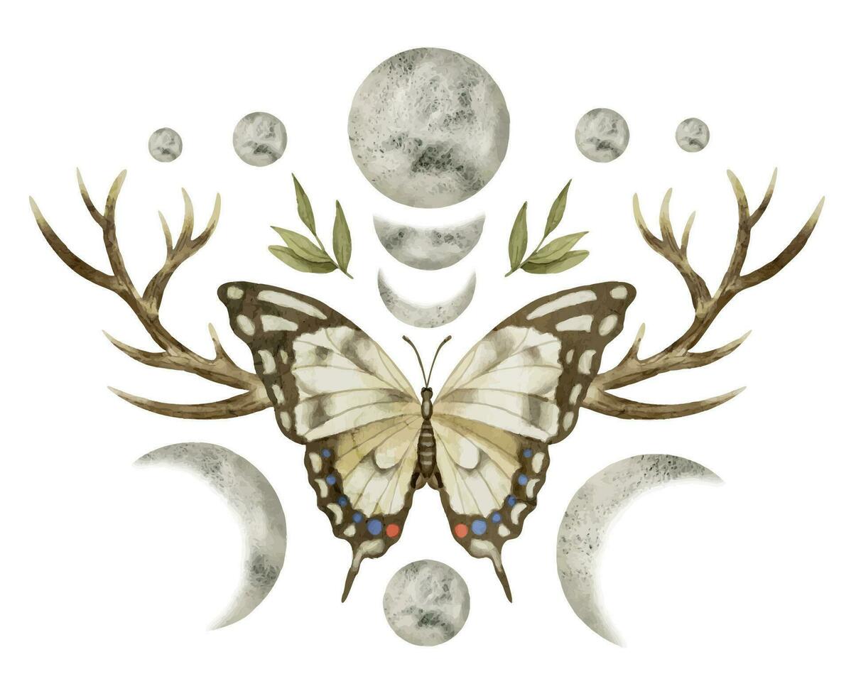 Butterfly with moons and deer horns. Watercolor illustration of an insect with wings and antlers in a magical celestial composition. Hand drawn on a white isolated background. Vintage esoteric print vector