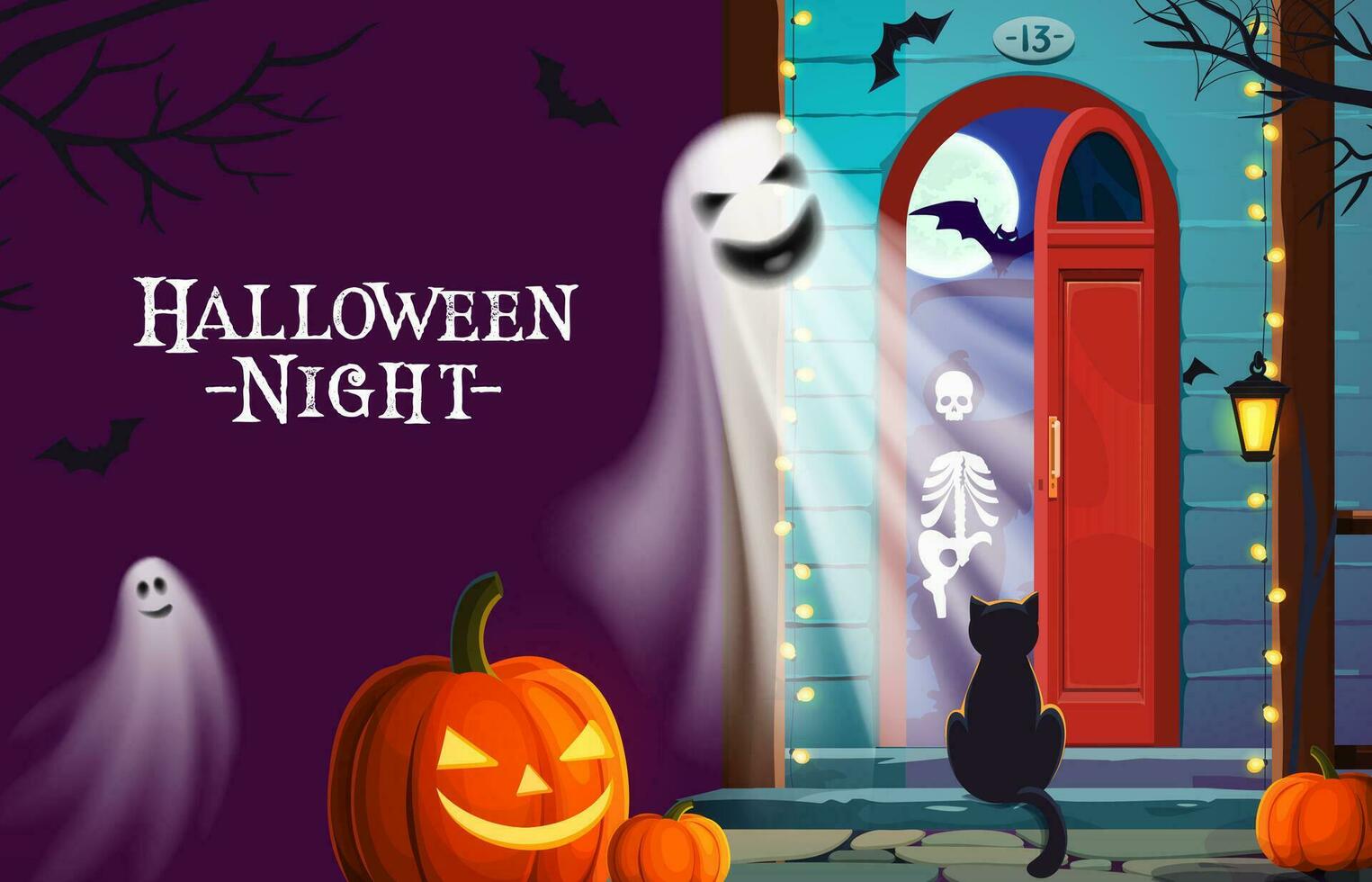 Halloween holiday door and porch with ghosts, bats vector