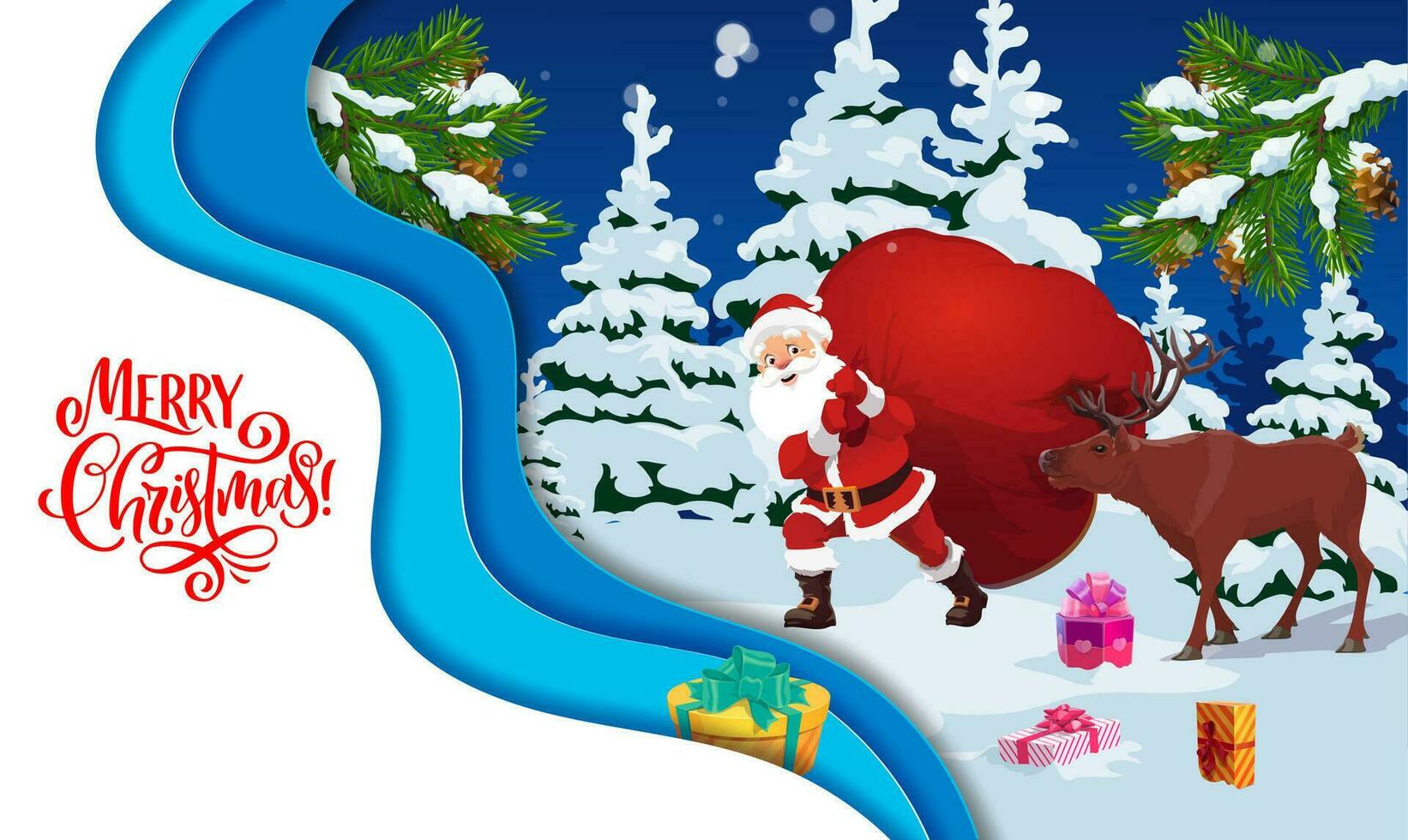 Christmas paper cut cartoon Santa with gifts bag vector