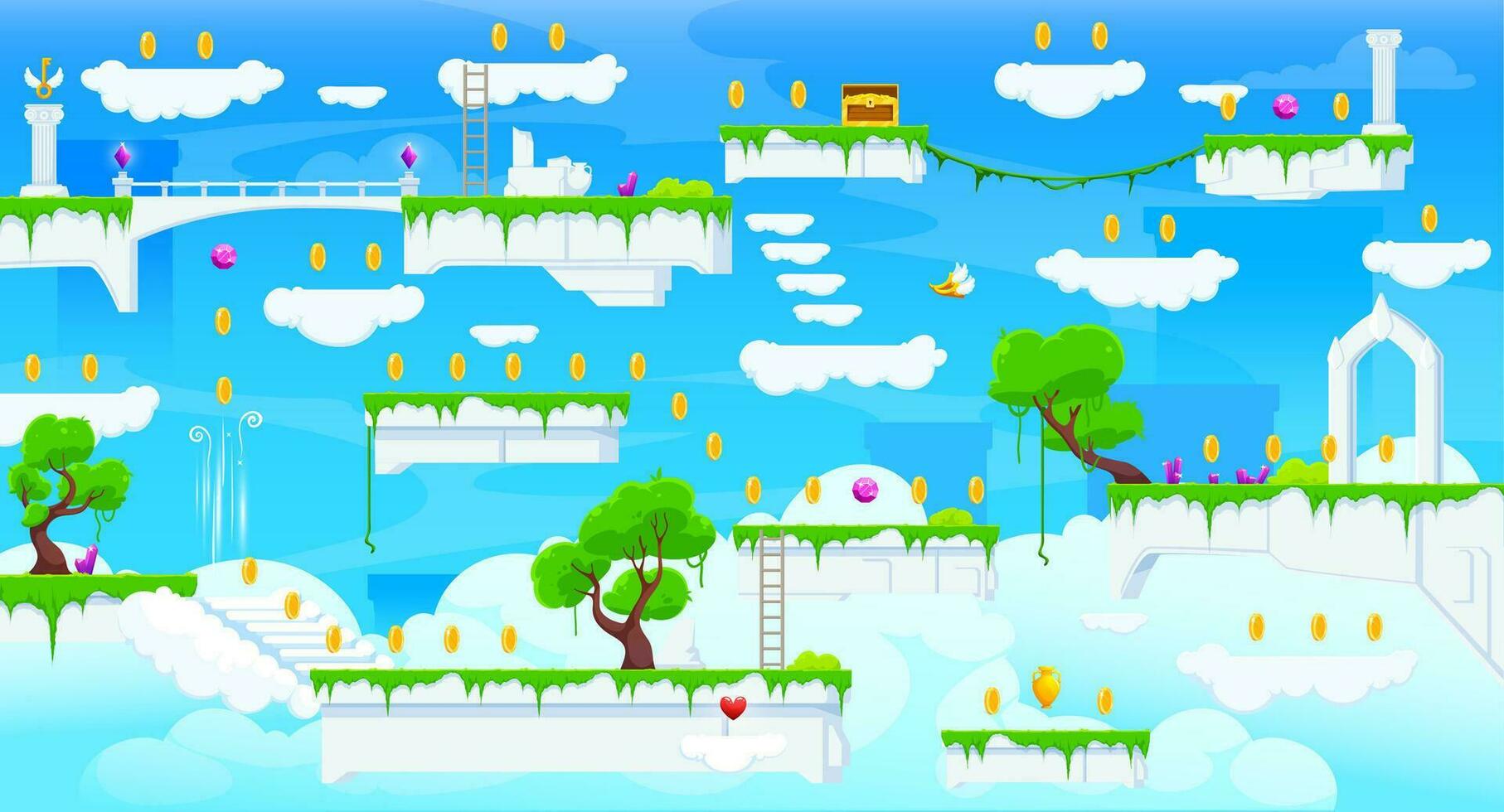 Arcade game level map with ice platforms, ladders vector