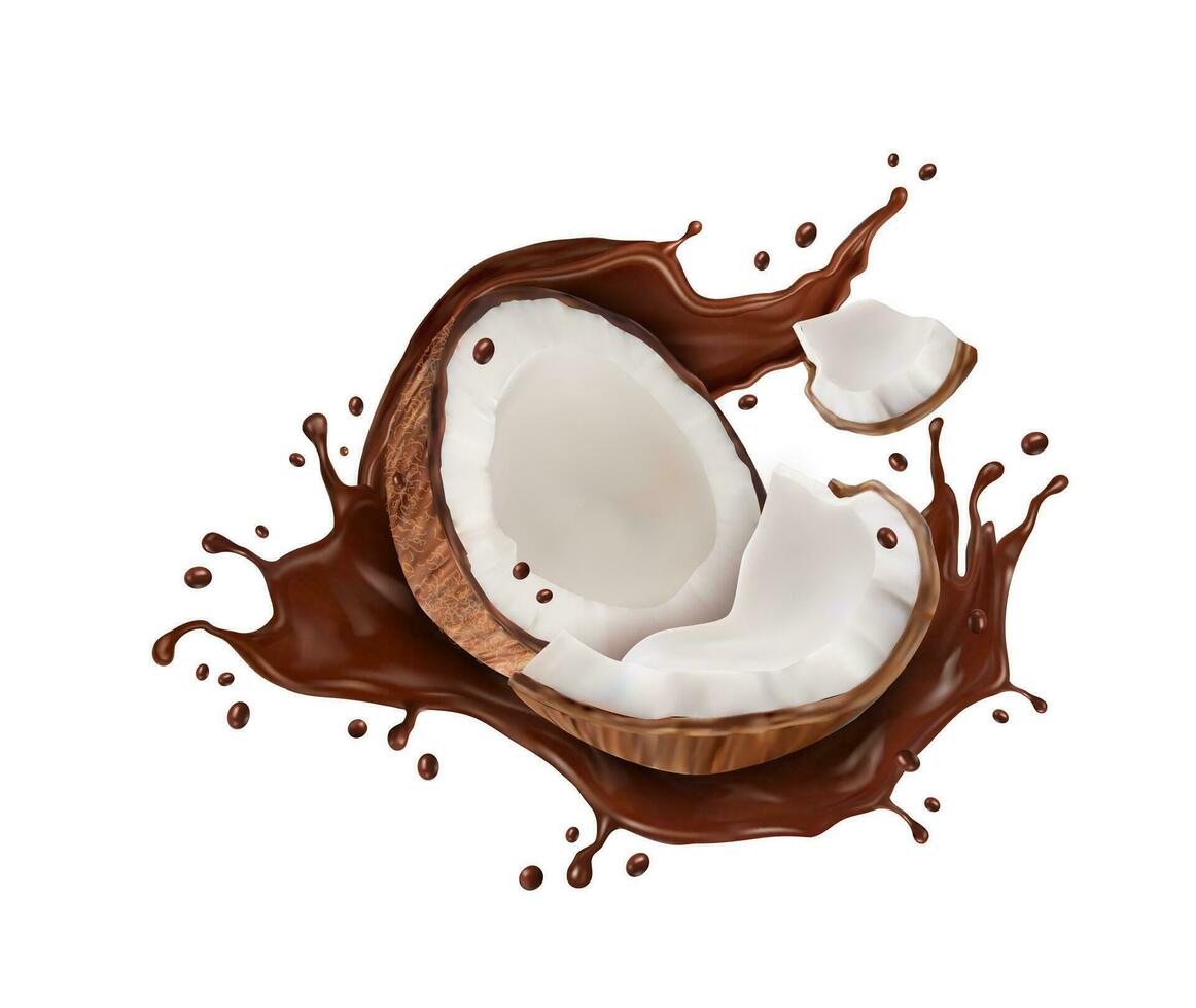 Realistic chocolate milk flow splash with coconut vector