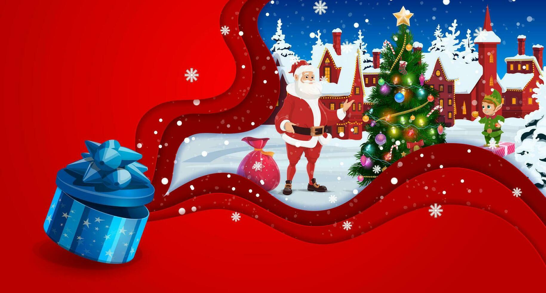Christmas paper cut greeting card Santa with elf vector