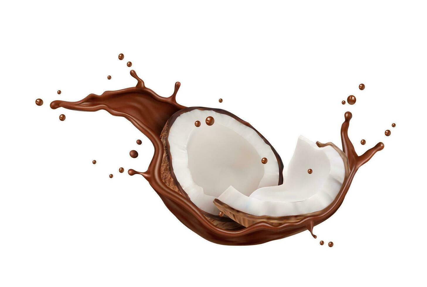 Realistic chocolate milk splash, coconut candy vector