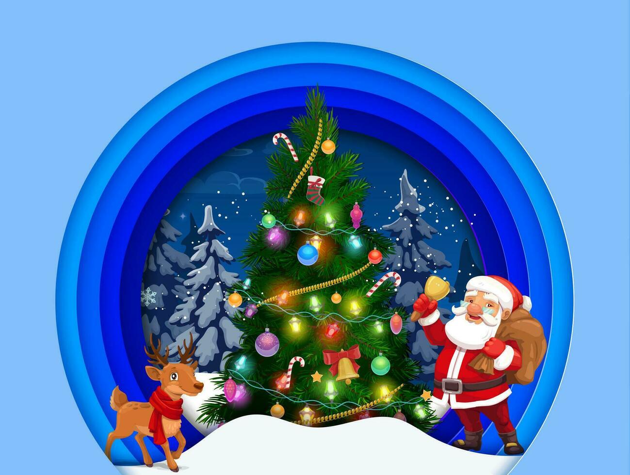 Christmas paper cut card, cartoon Santa, reindeer vector