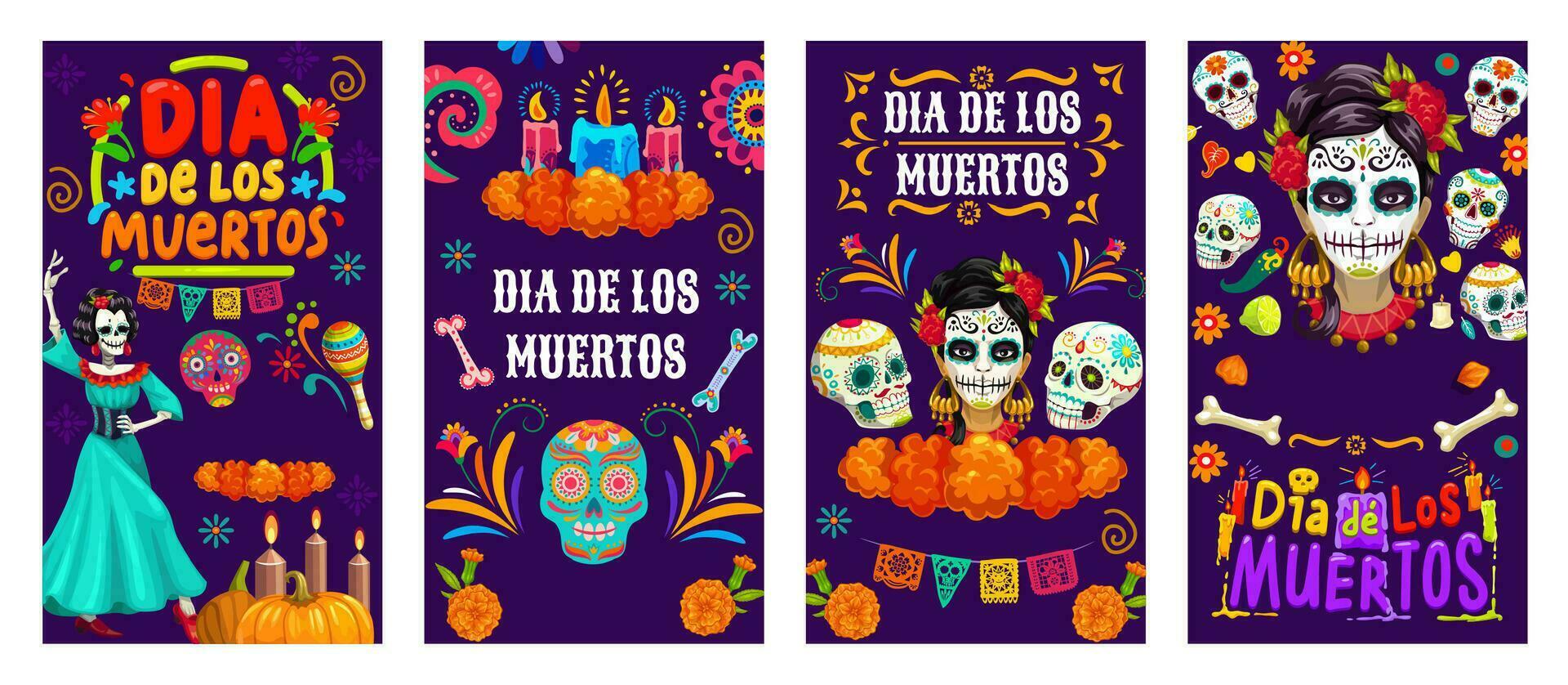 Mexican Day of the Dead skulls, marigolds, candles vector