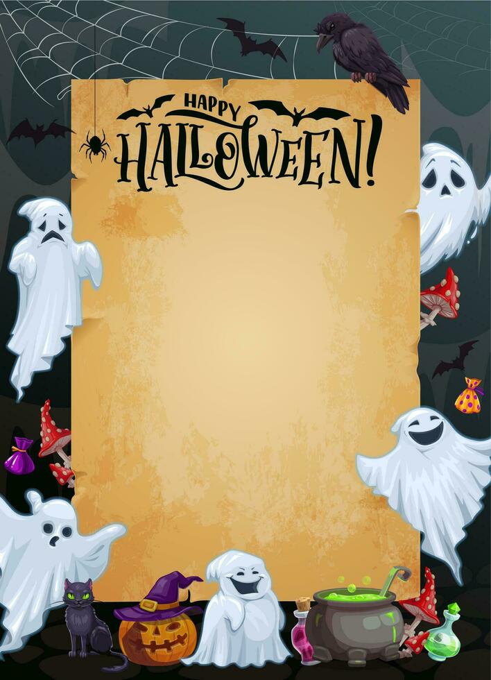 Halloween greetings, cartoon ghosts and scroll vector