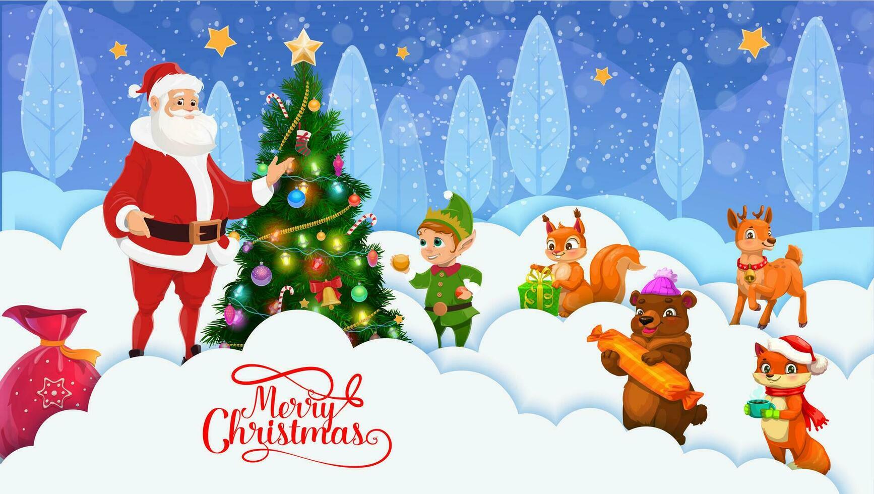 Christmas paper cut cartoon Santa and cute animals vector