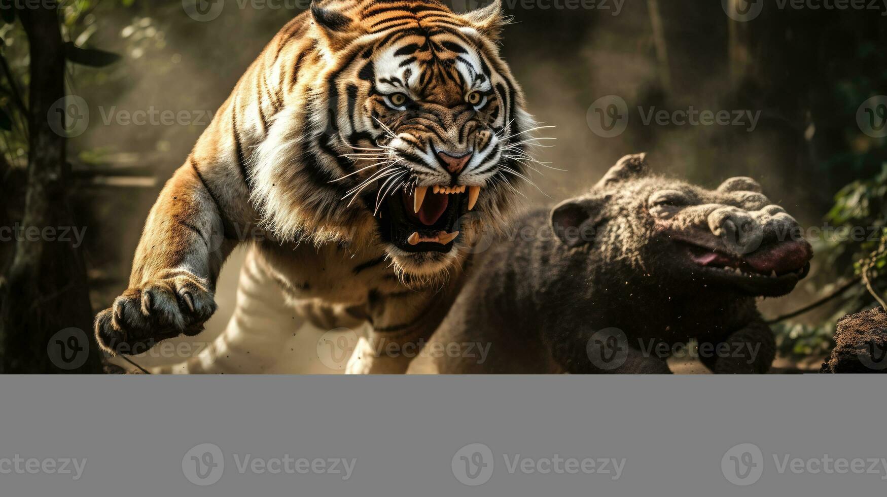 dramático fauna silvestre momento Tigre en búsqueda de presa animal en el bosque ai generado foto
