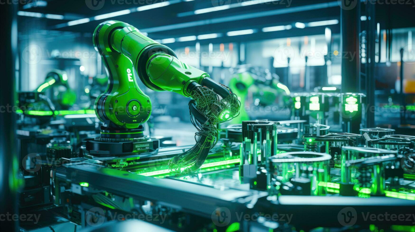 futurista fábrica con alto precisión robótica y automatizado electrónica montaje ai generado foto