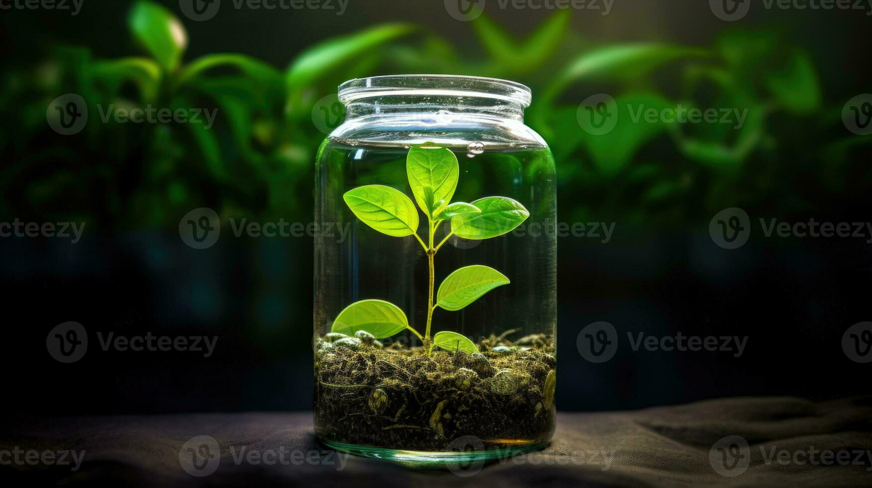 financiero crecimiento símbolo verde planta en tarro en un negro superficie ai generado foto