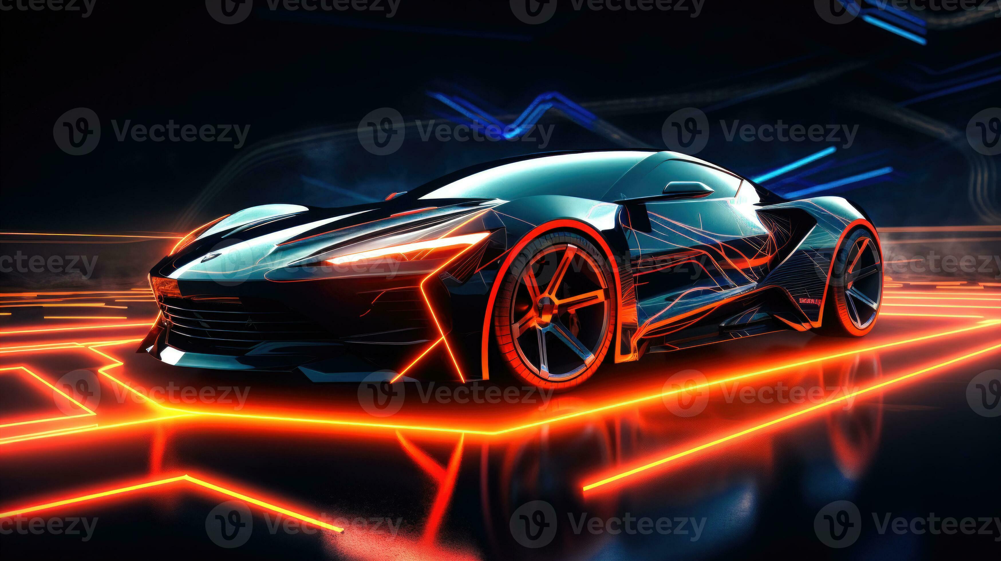 Futuristic Sports Car with Neon Lights on a Neon Lit Track A Concept
