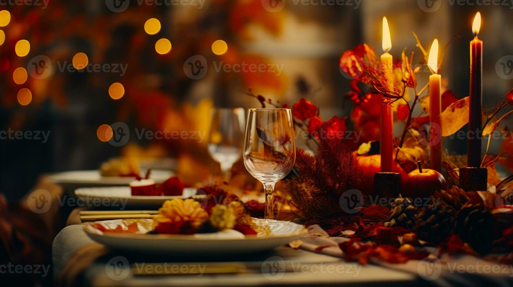 A Cozy and Elegant Thanksgiving Celebration with a Rustic Table Decor and a Fireplace AI Generated photo