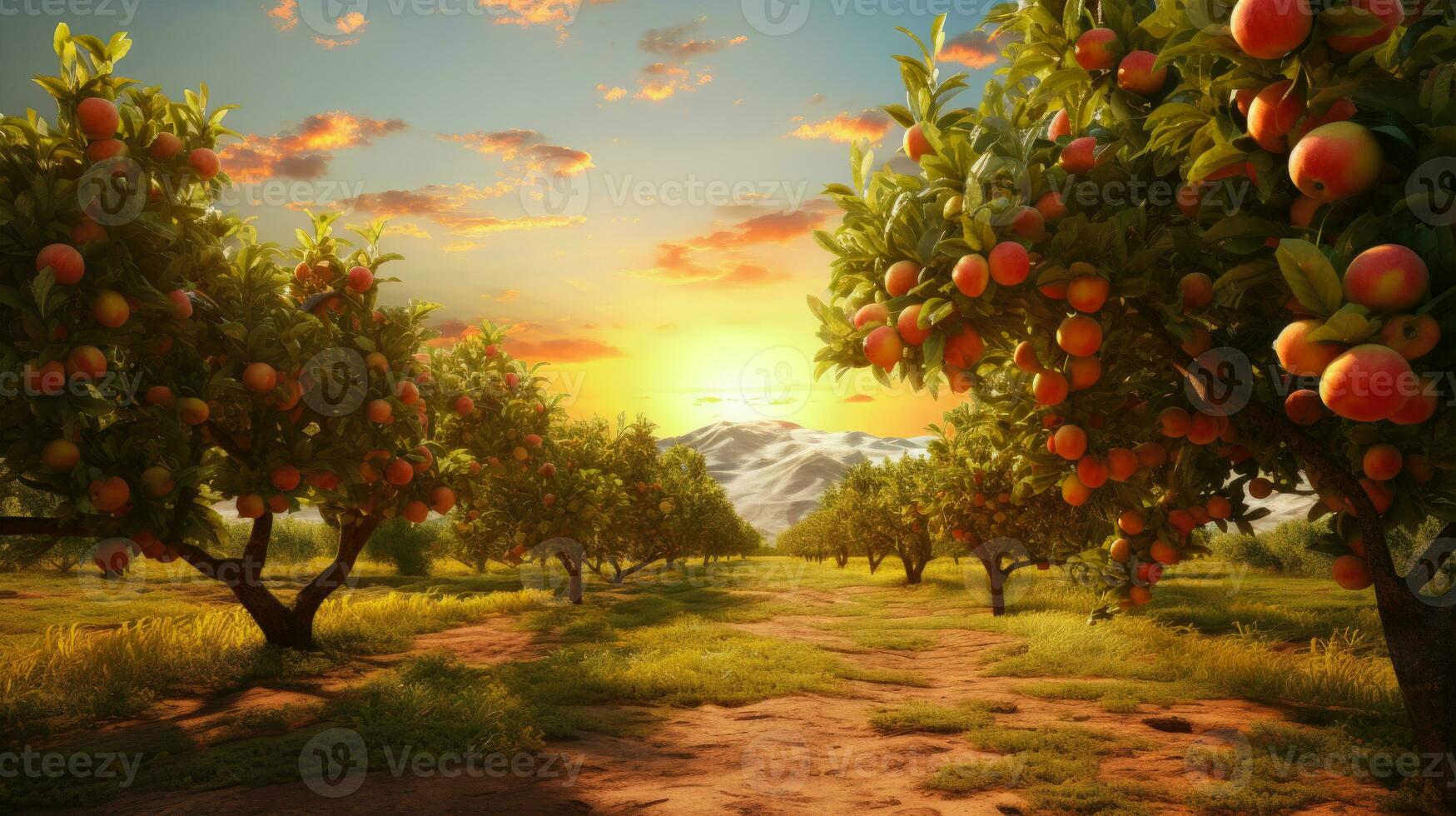 Sunrise over a Peach Orchard A Scenic View of Nature's Bounty AI Generated photo