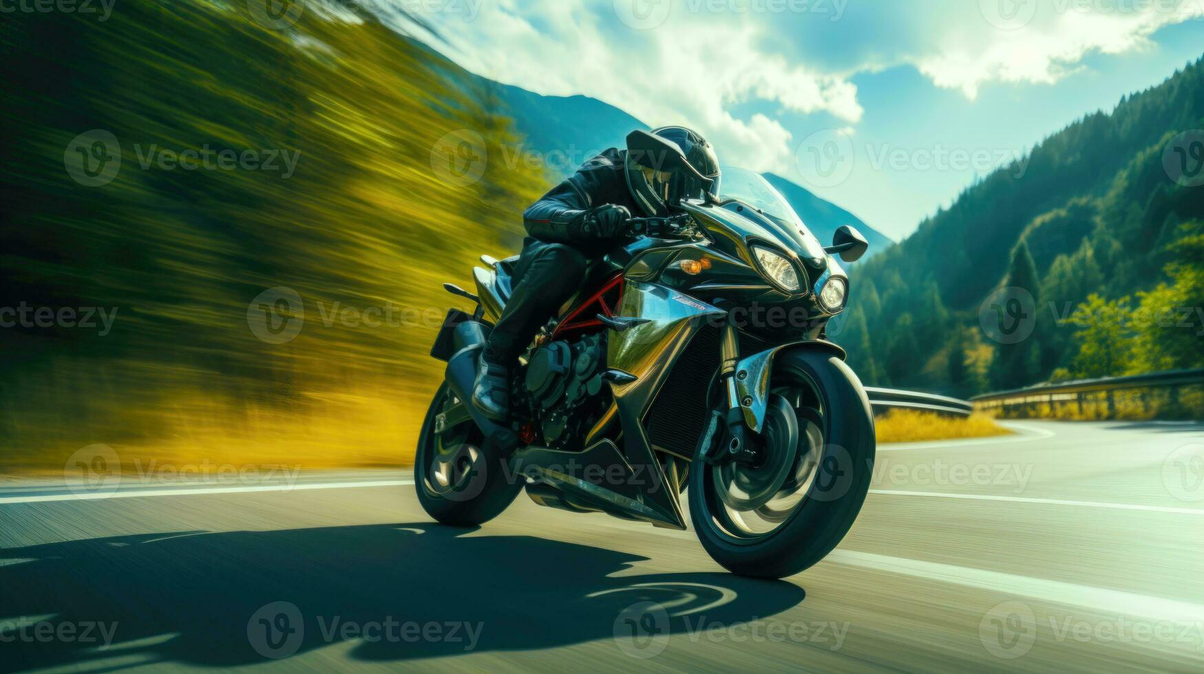 Sport bike rider on a race track with a mountain background Ai Generated photo