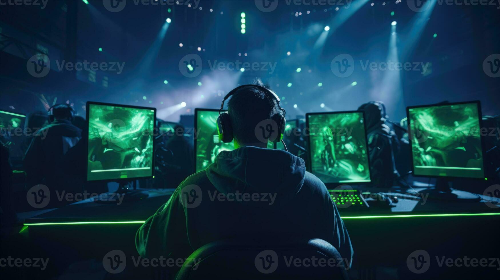 Gamers Compete in an Intense Esports Championship in a Glowing Arena AI Generated photo