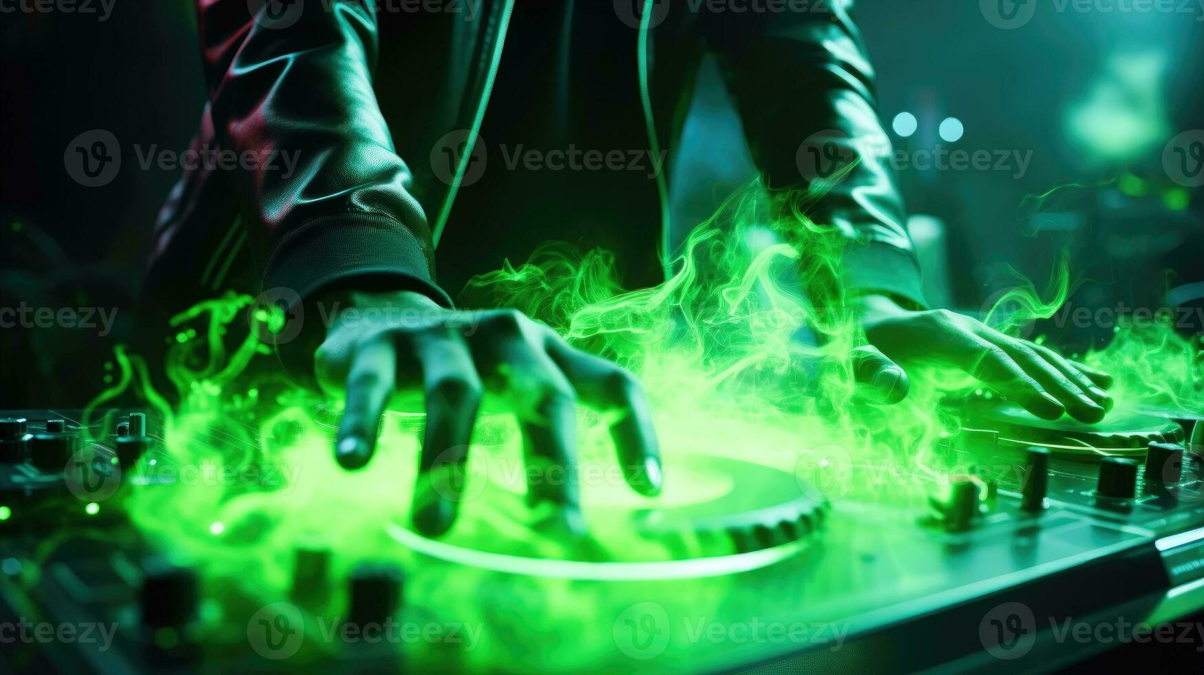 Nightlife Vibes Energetic DJ in Action with Turntables and Green Smoke  AI Generated photo