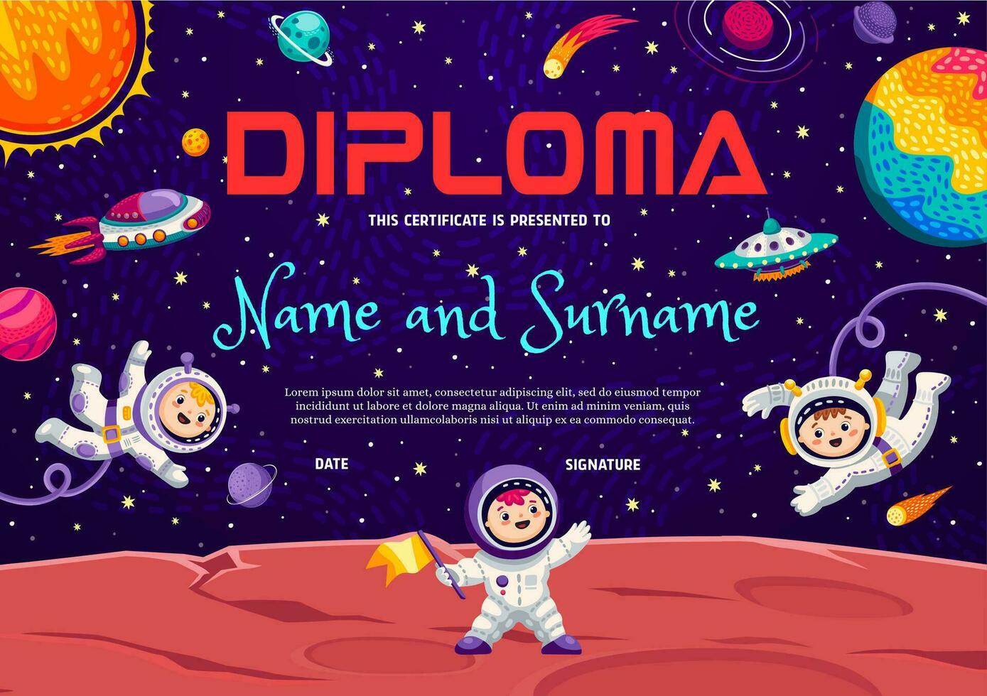 Kids diploma, cartoon astronauts on space planet vector