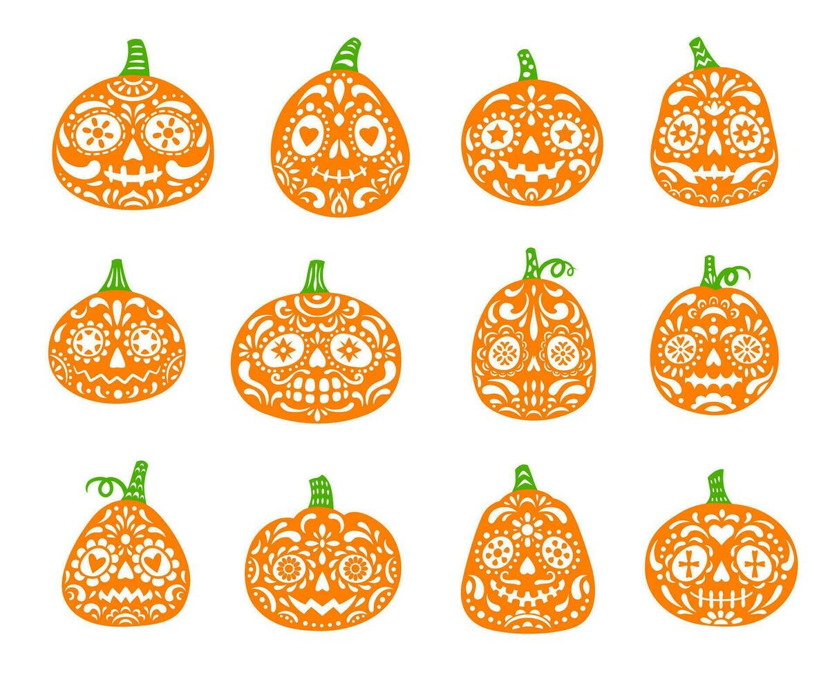 Halloween, Dia de Muertos Mexican pumpkin skulls vector