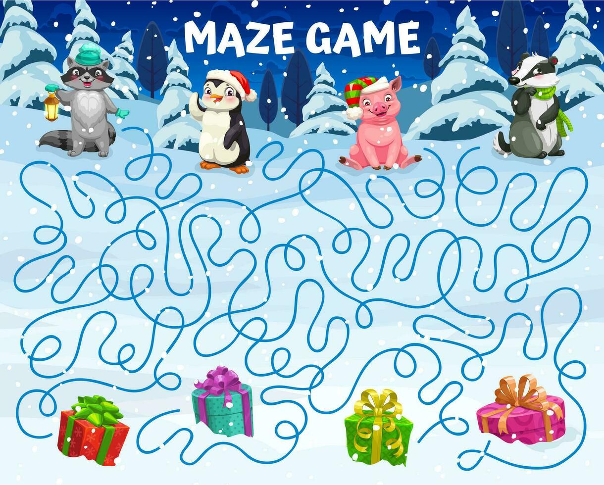 Christmas labyrinth maze game. Cute animas, gifts vector