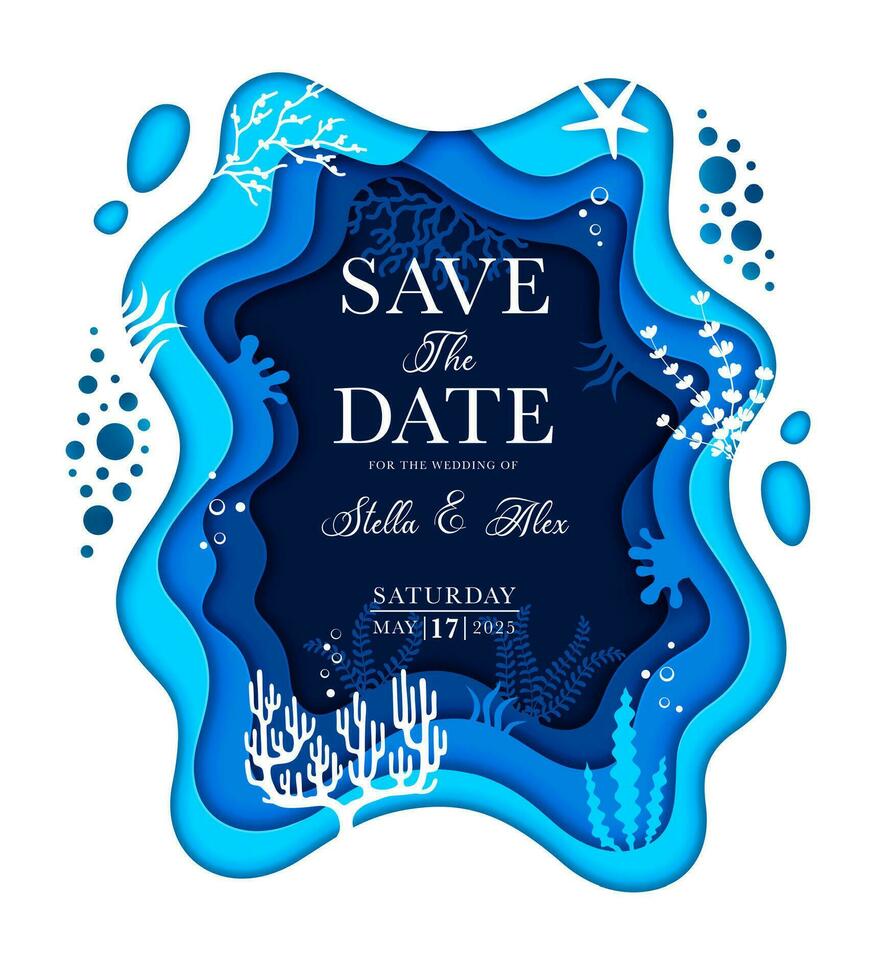 Wedding invitation with sea paper cut seaweeds vector