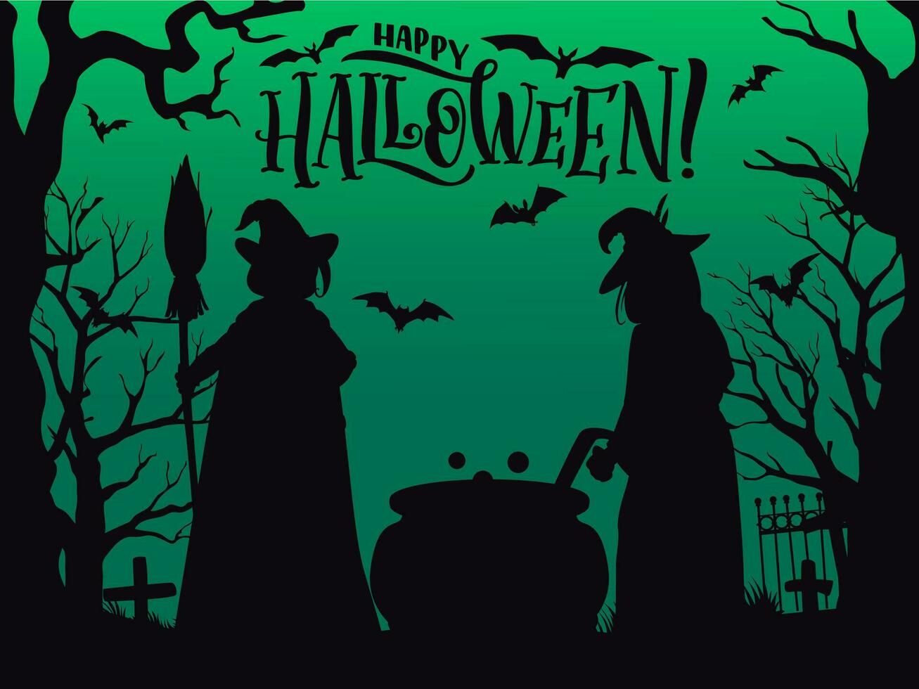 Halloween landscape, witch silhouettes, cauldron vector