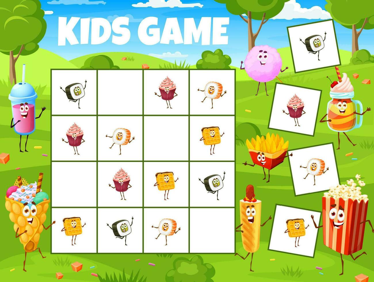 Sudoku game worksheet, cartoon fast food, desserts vector