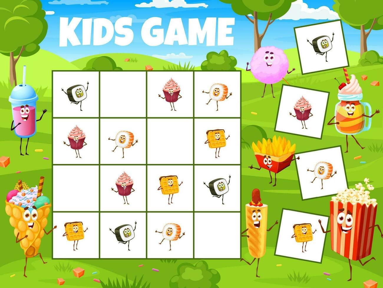 sudoku juego hoja de cálculo, dibujos animados rápido alimento, postres vector