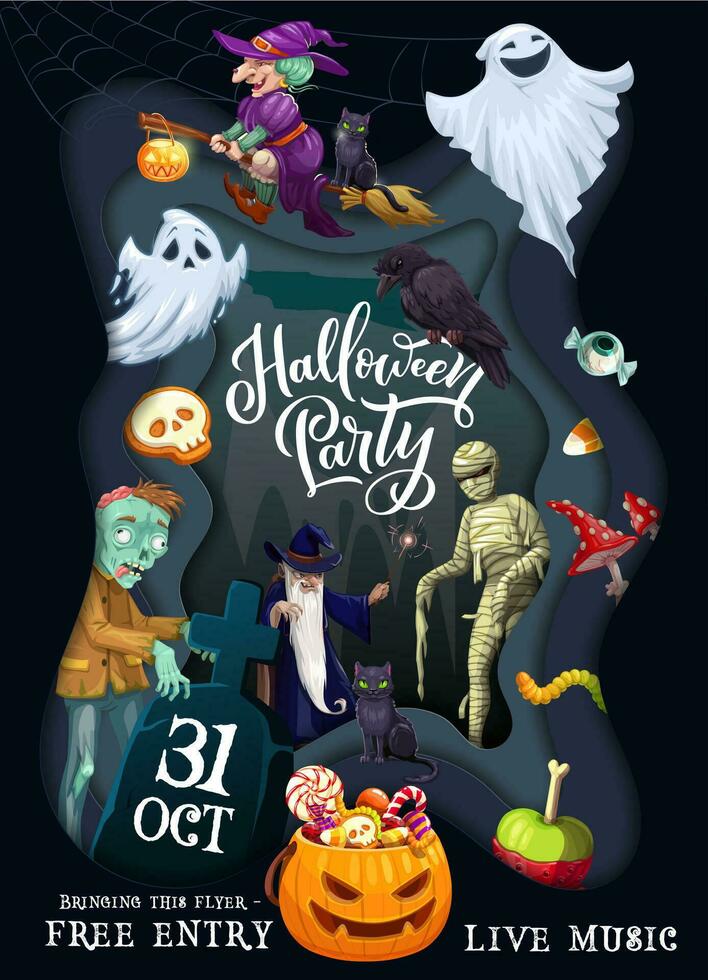 Halloween paper cut flyer with holiday characters vector