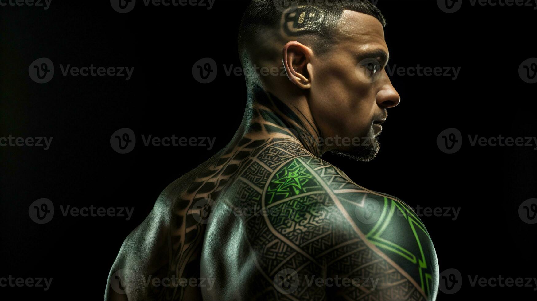 Tattooed Bodybuilder with Tribal and Geometric Designs on His Back Ai Generated photo