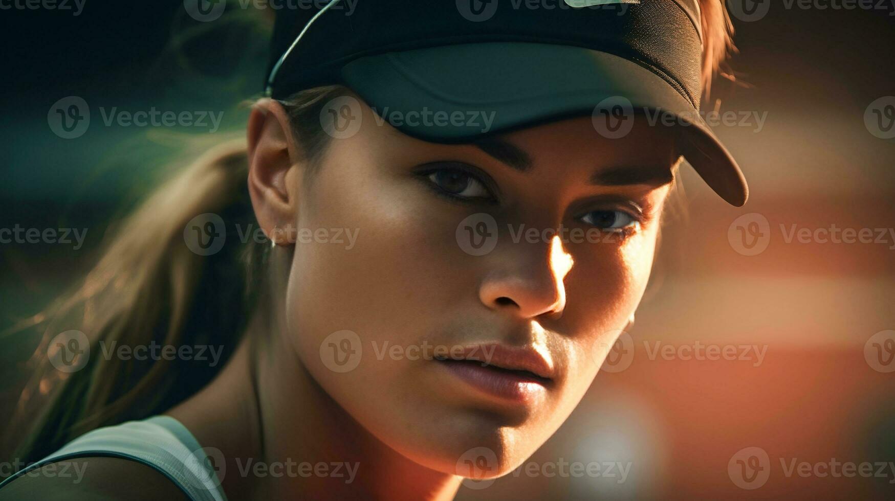 un cerca arriba de atleta en un blanco tanque parte superior y un negro gorra ai generado foto