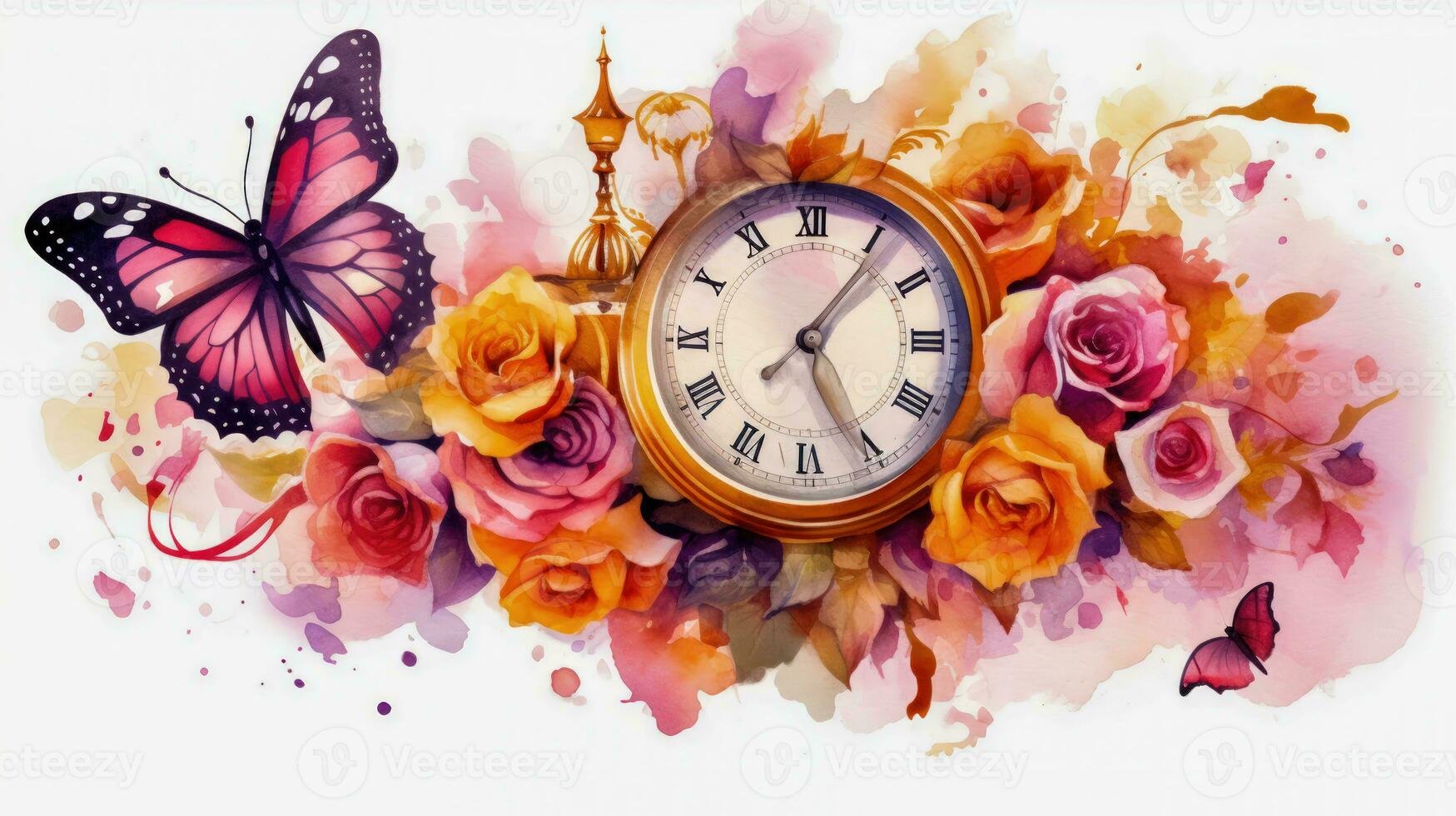 Watercolor Tattoo of a Clock a Flower and a Butterfly A Vibrant and Artistic Design AI Generated photo