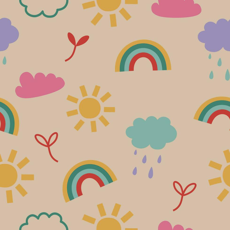 cute seamless pattern with sun, rainbow and clouds vector illustration