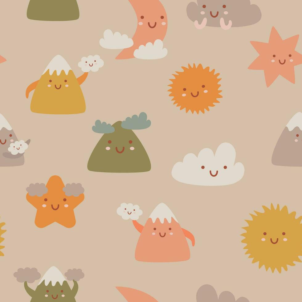 cute seamless pattern with mountains, hills, sun, clouds and stars vector illustration