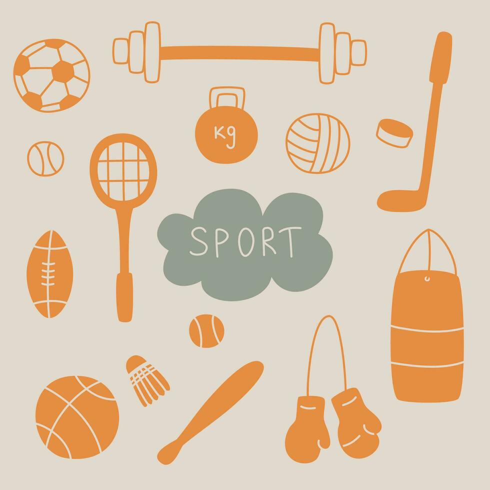 set of different sports equipment in orange vector illustration