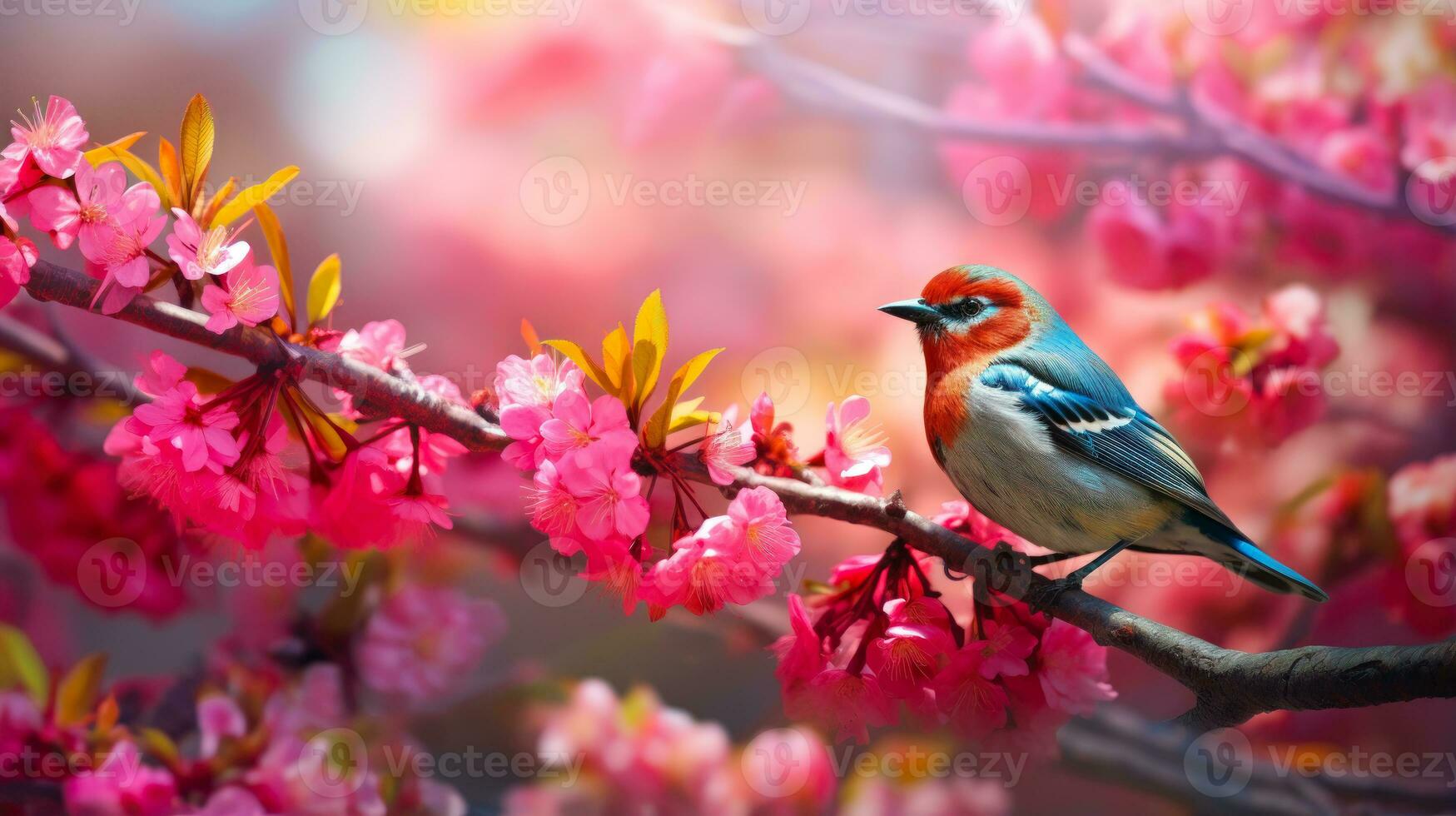 Bird on Sakura Spring Nature and Floral Serenity AI Generated photo