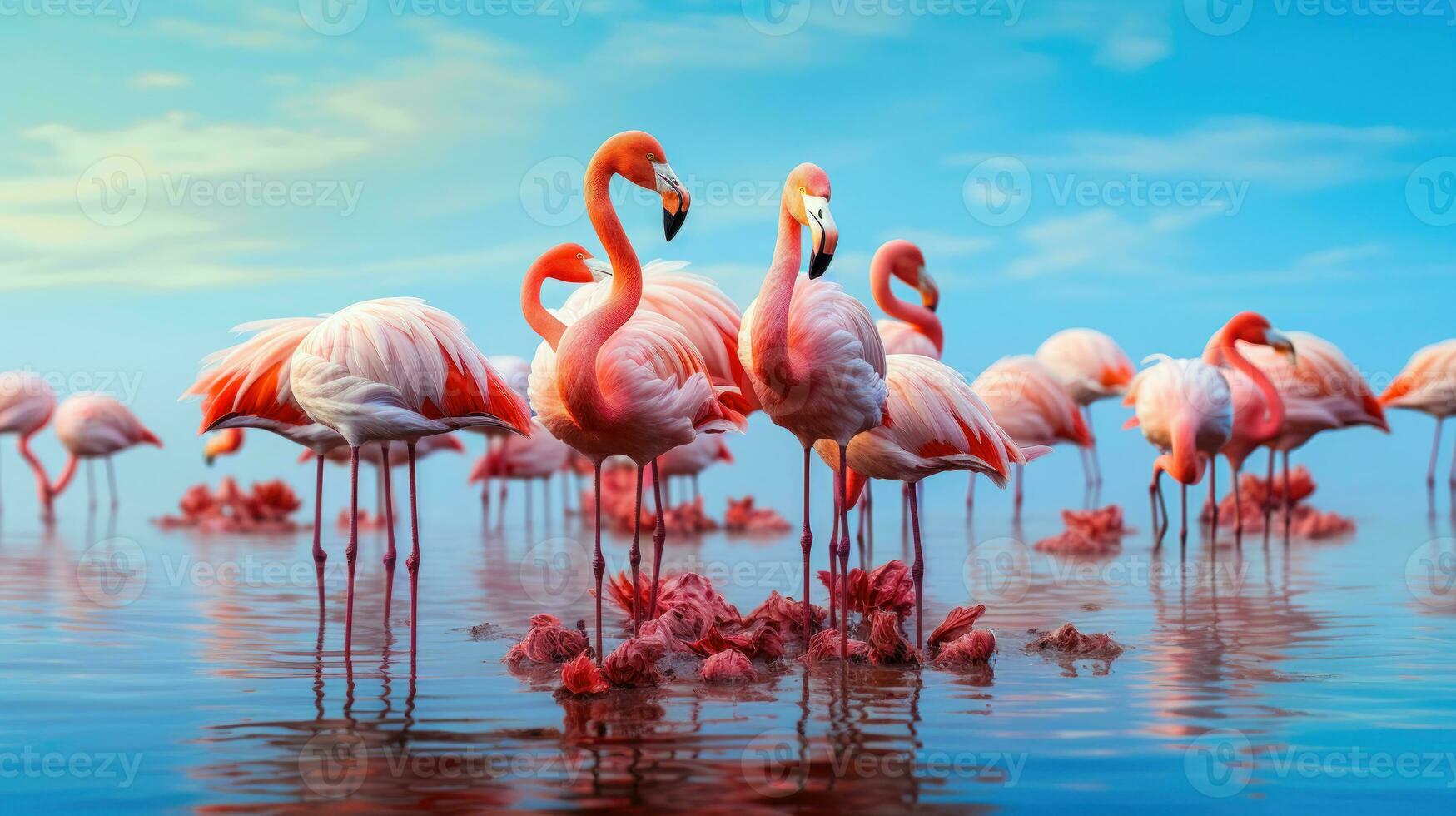 Pink Flamingos in a Dreamlike Saltwater Lake AI Generated photo