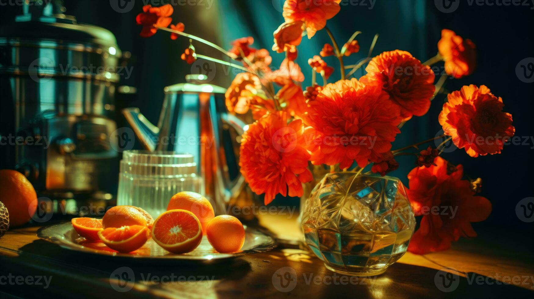 floral y agrios arreglo artístico instinto de botánico y Fruta decoración en elegante mesa ajuste ai generado foto