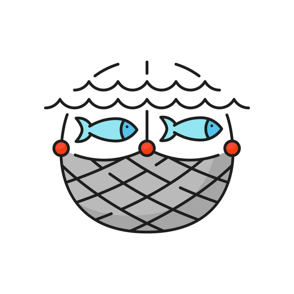 Fishing industry net fishes catch line icon vector