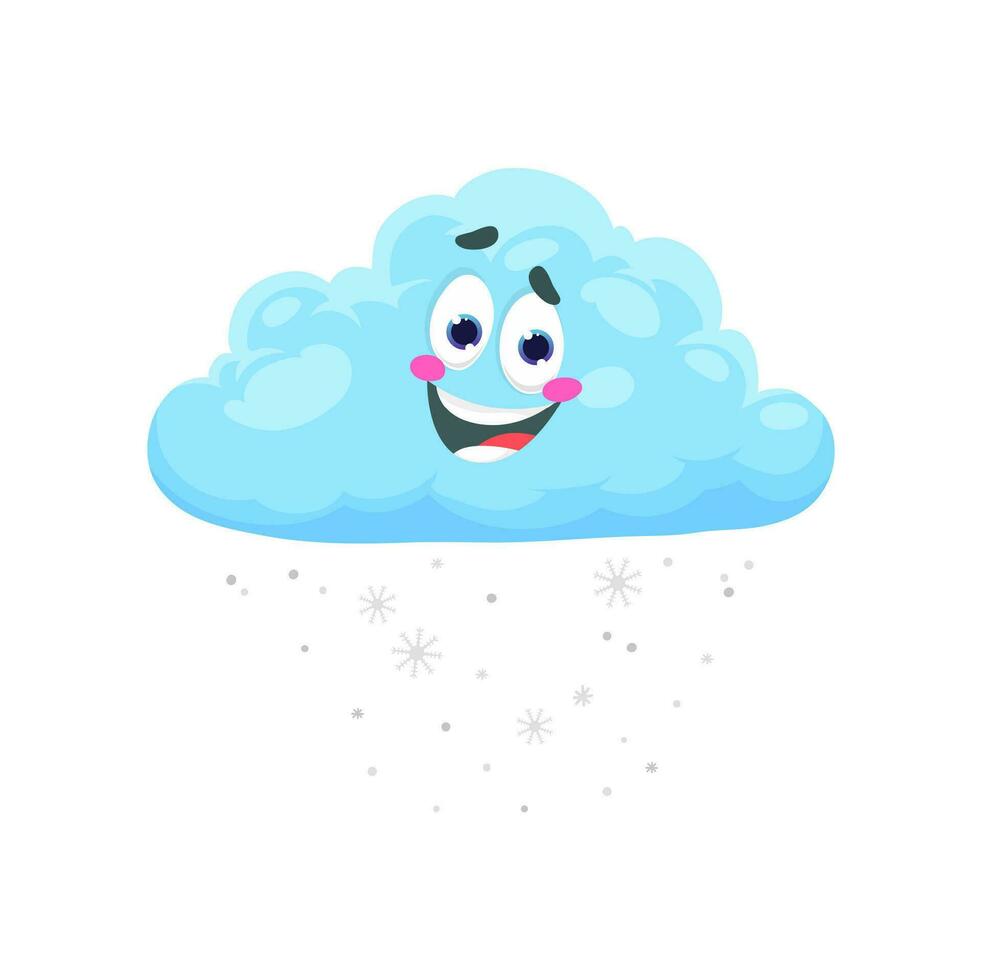 Cartoon winter snow cloud character and snowflakes vector