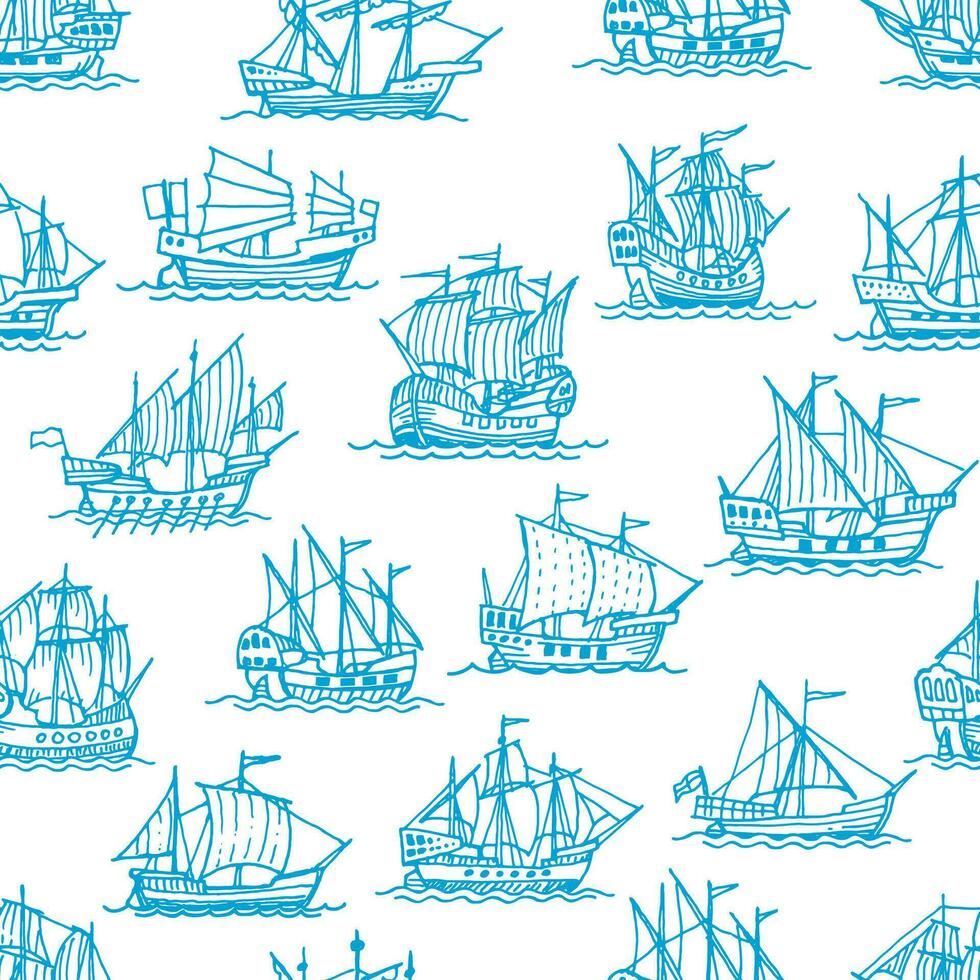 Vintage sail ships and sailboats, seamless pattern vector