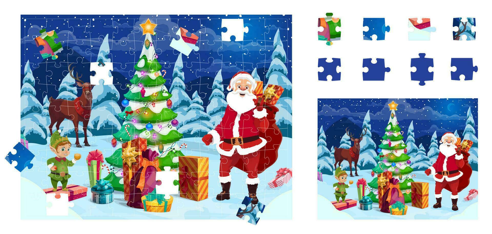 Christmas jigsaw puzzle game with Santa gifts vector