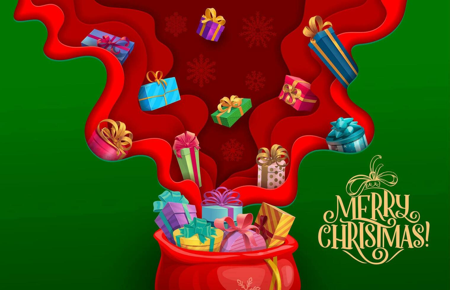 Christmas paper cut gifts bag and falling presents vector