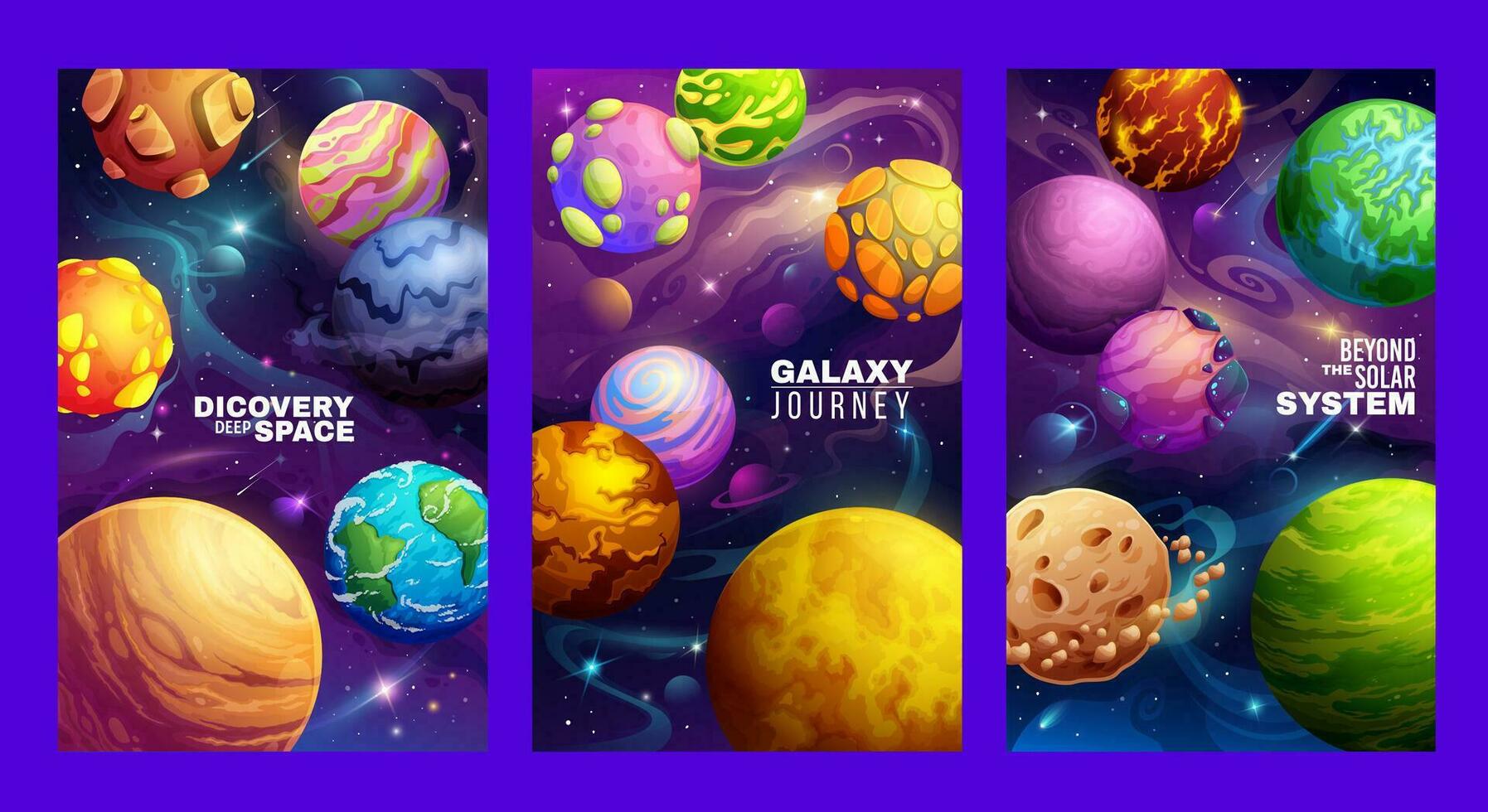 Cartoon galaxy space planets posters or flyers vector