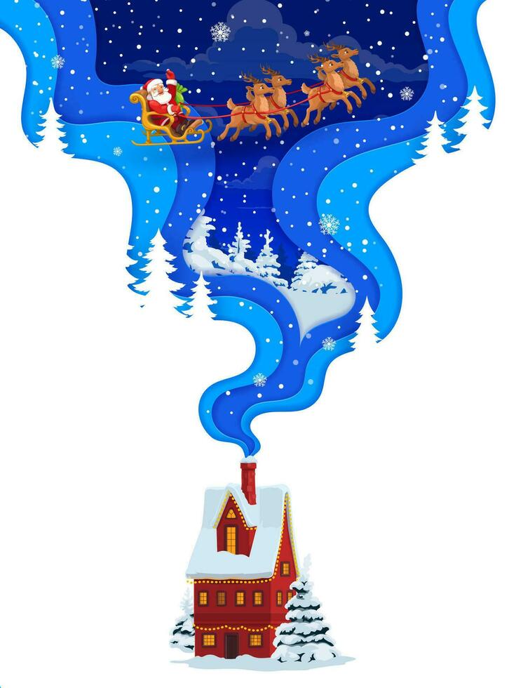 Winter christmas paper cut, house, santa on sleigh vector