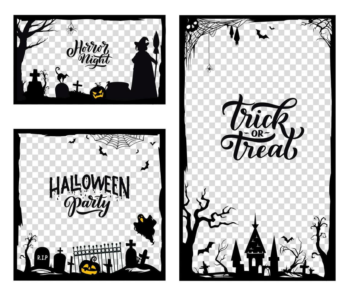 Halloween frame templates with witch, ghost, bats vector