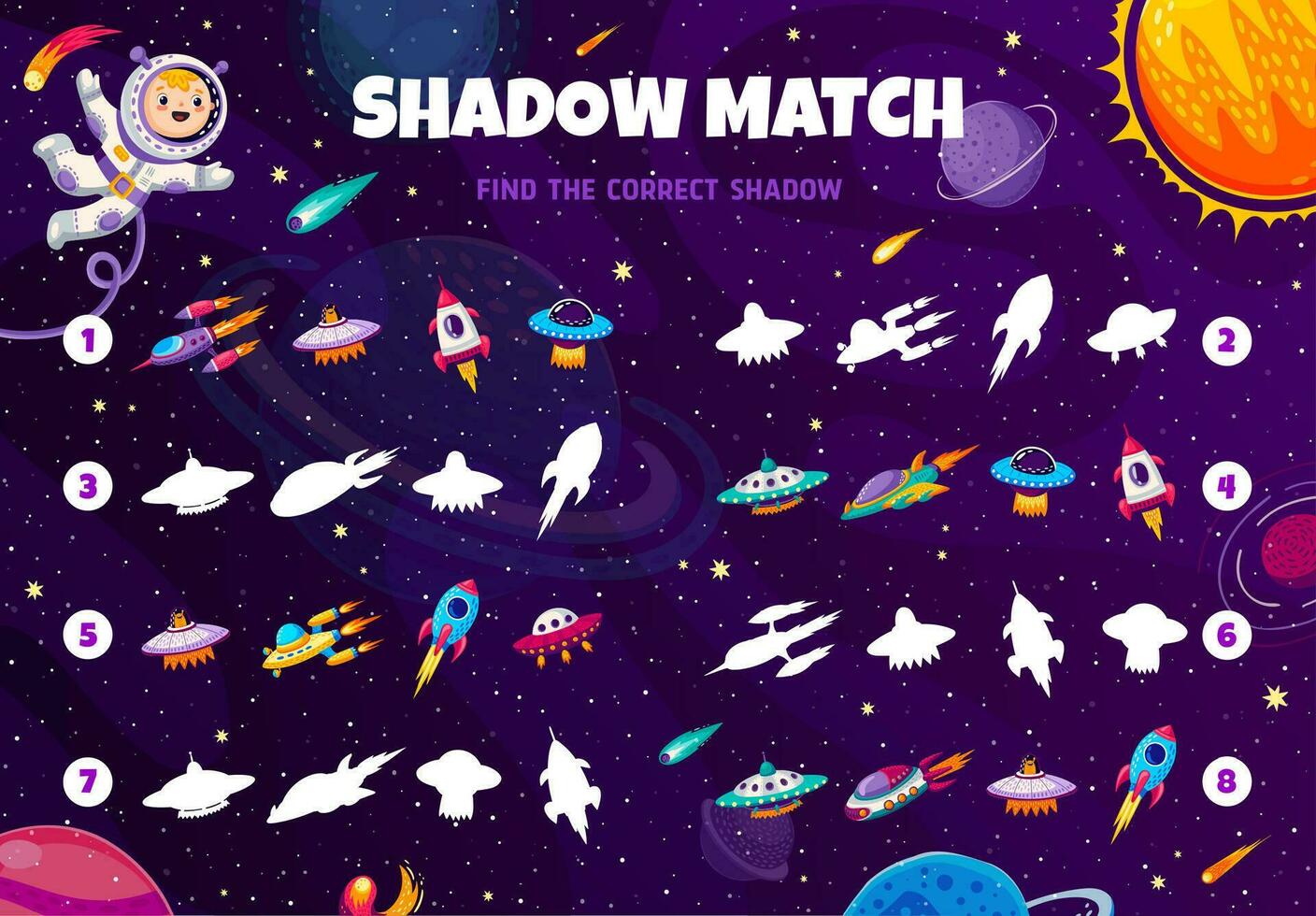 Shadow match game. Find the shadow of rocket vector