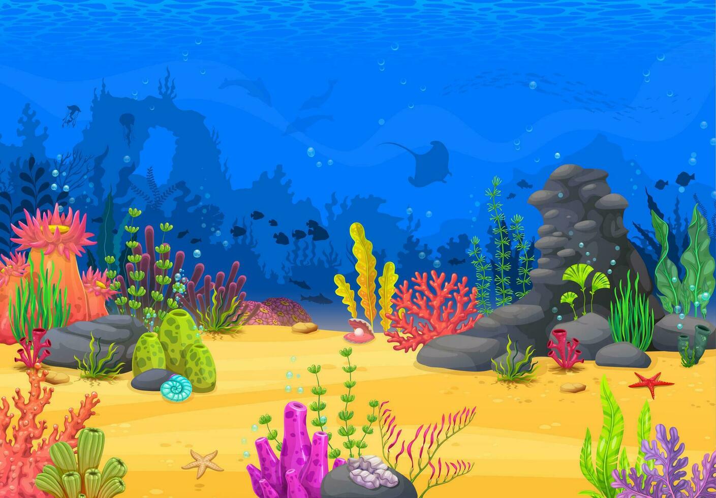 dibujos animados submarino paisaje, arcada juego nivel vector