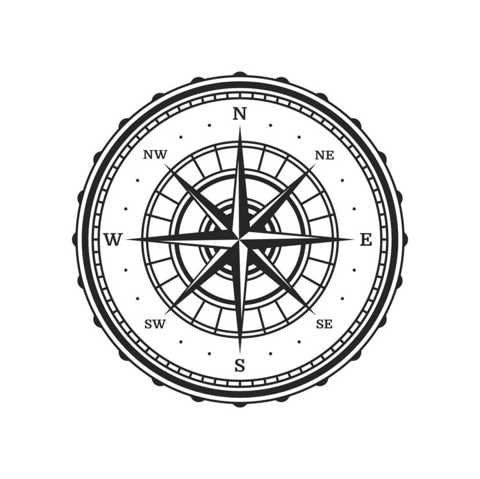 Old compass, vintage wind rose star, arrow points vector