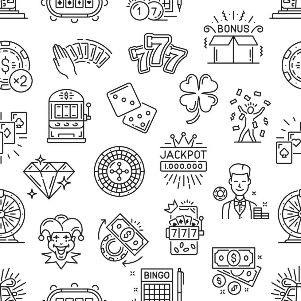 Casino line seamless pattern, poker card and chips vector